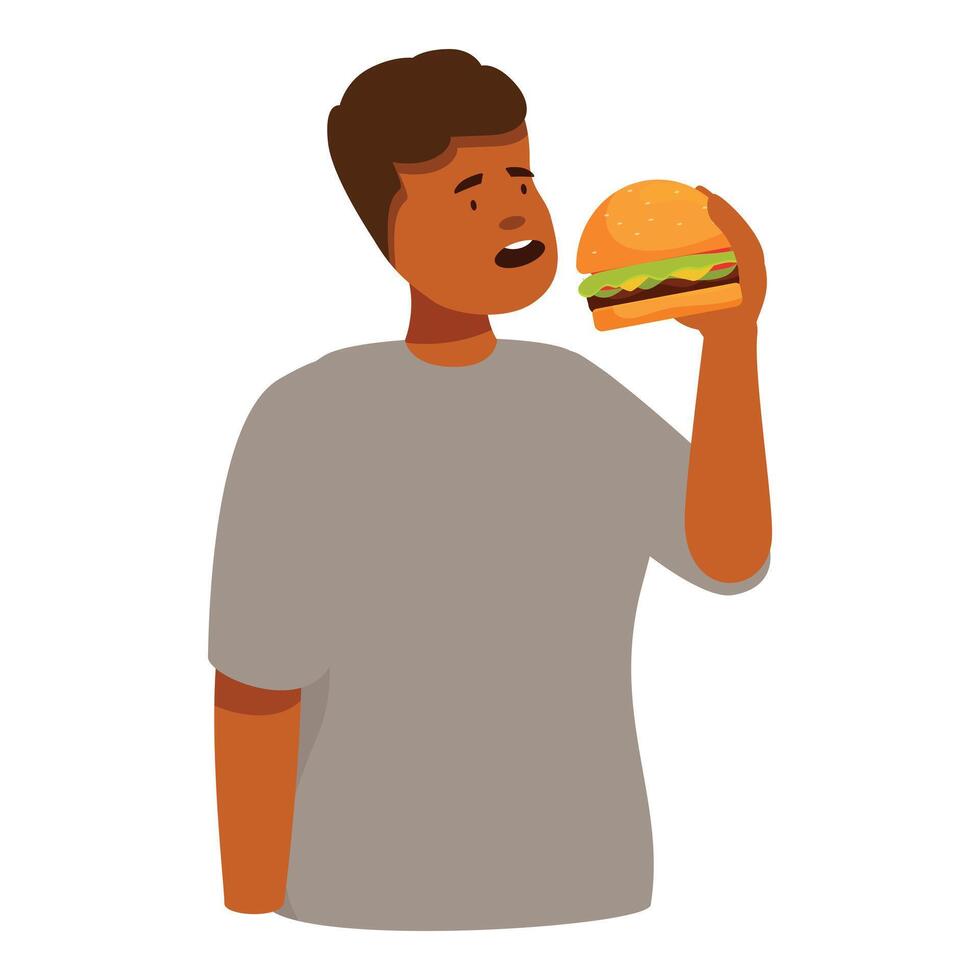 Young man enjoying eating burger with big bite vector