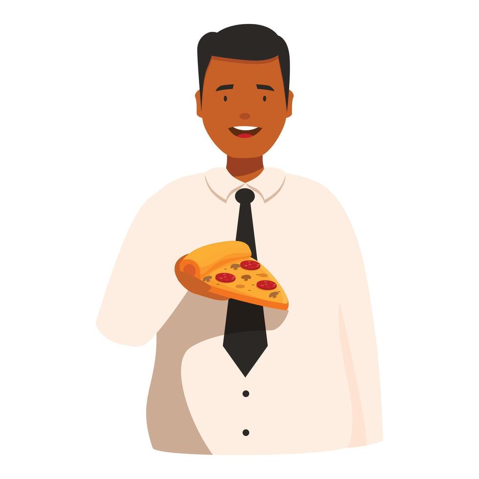Happy office worker holding pizza slice enjoying lunch break vector