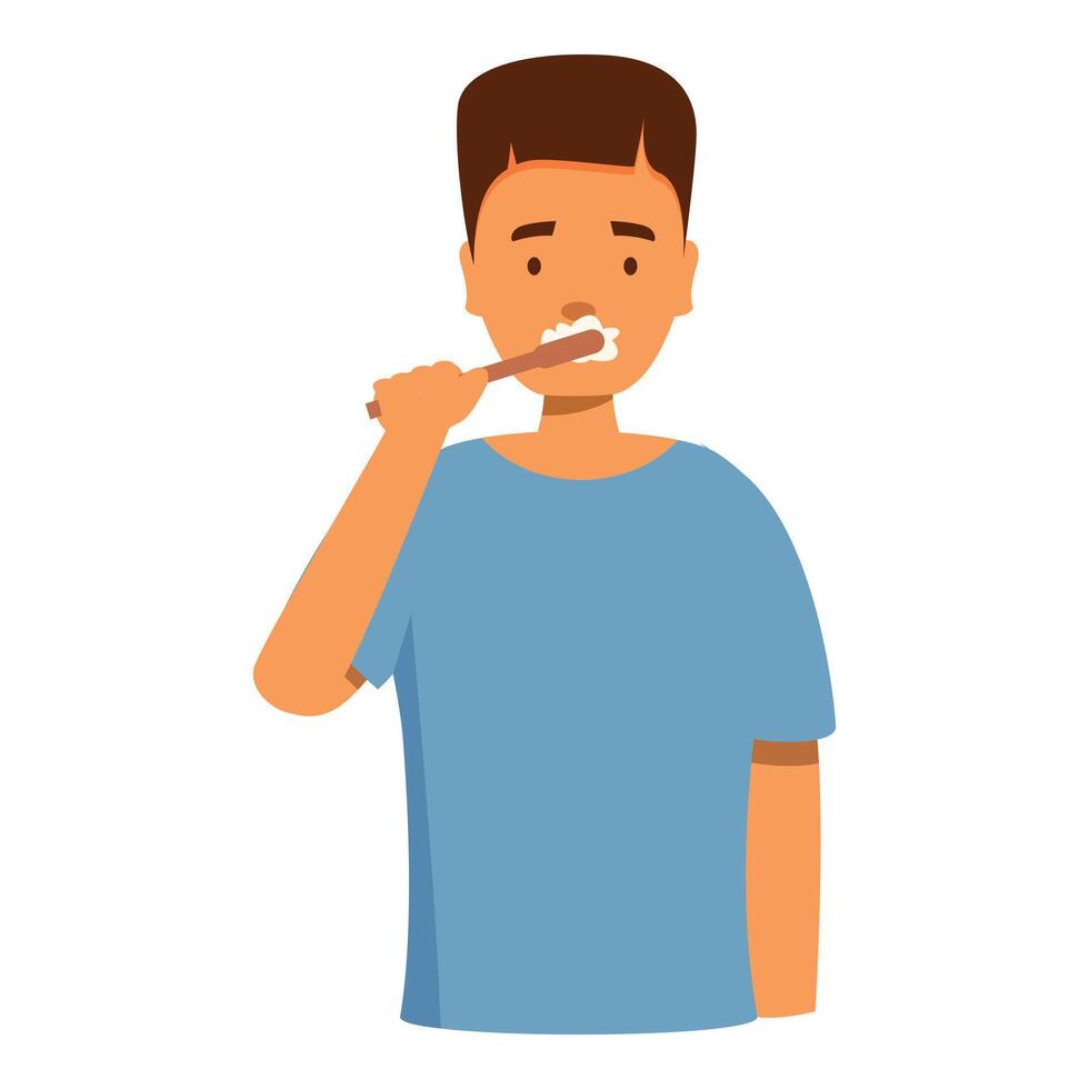 Young man brushing his teeth with toothpaste on a toothbrush vector