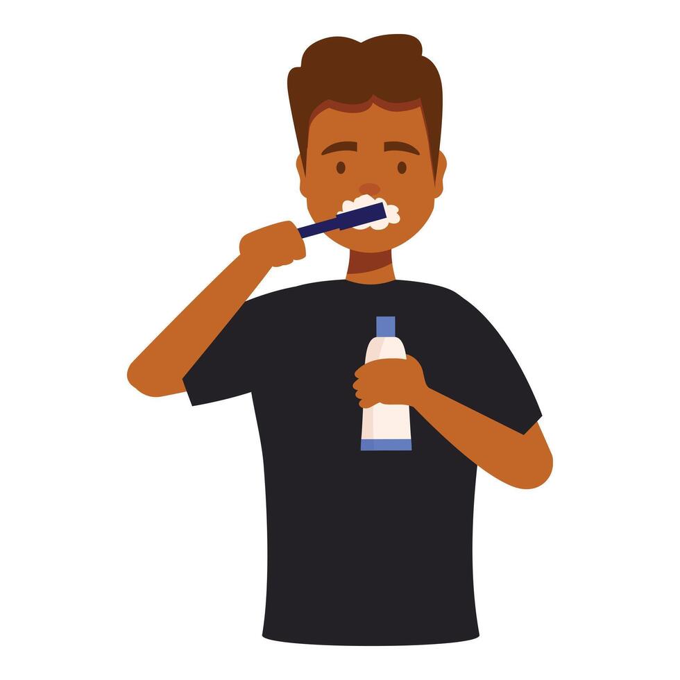 Young man brushing his teeth with toothpaste holding toothbrush in bathroom vector