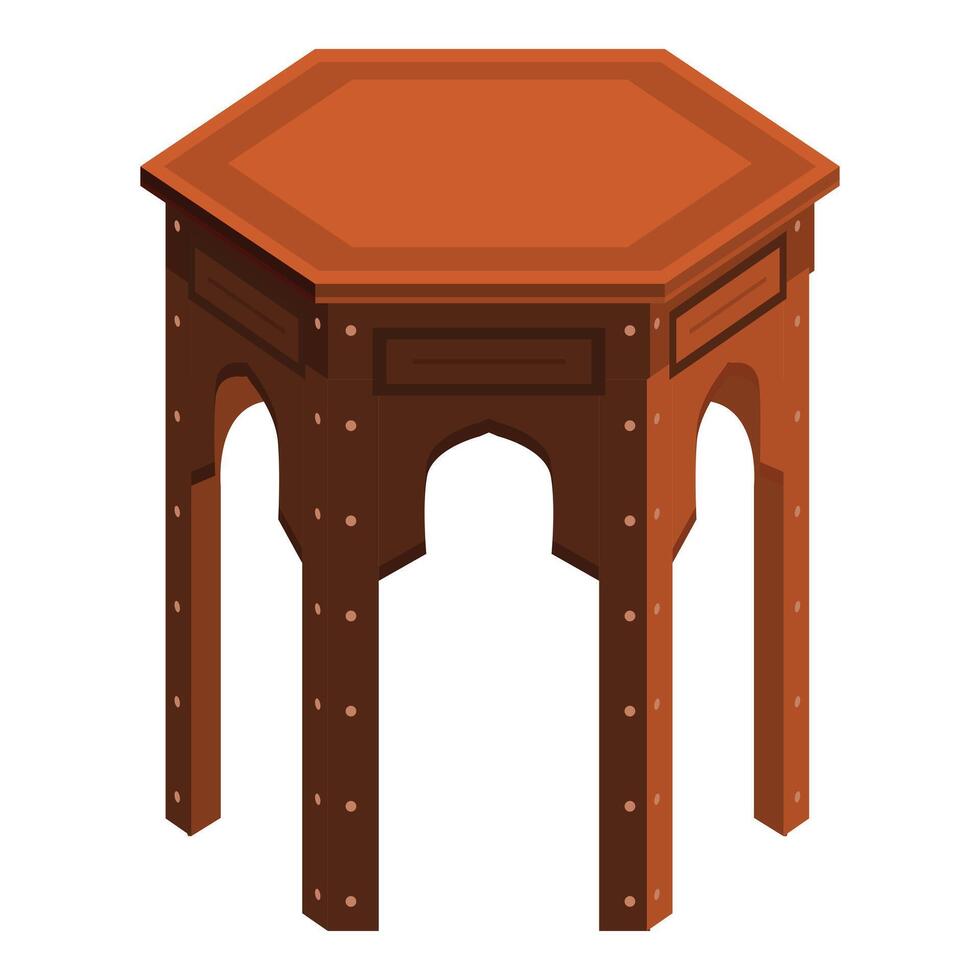Wooden hexagonal table standing on white background vector