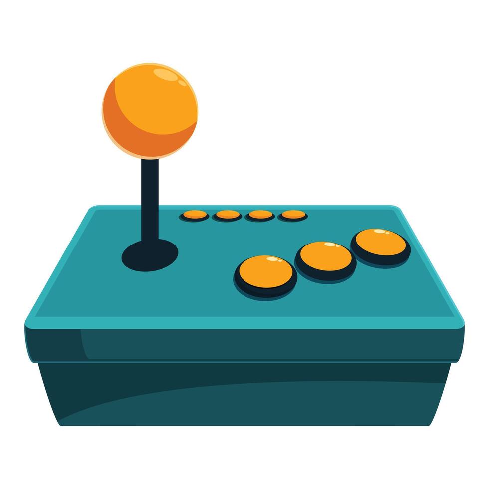 Blue retro gamepad with yellow buttons and joystick for playing videogames vector