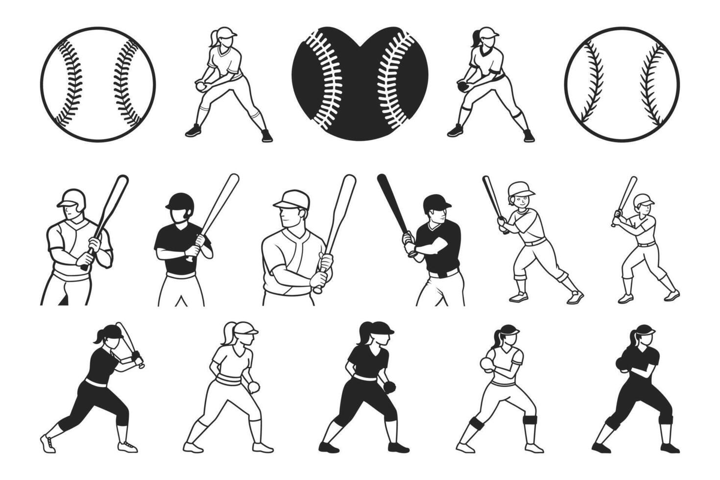 A set of baseball players and their various poses vector