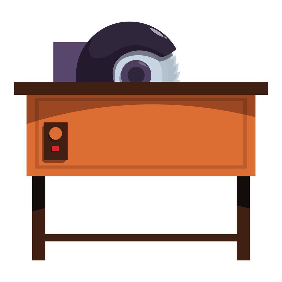 Electric saw on workbench cutting wood in workshop vector