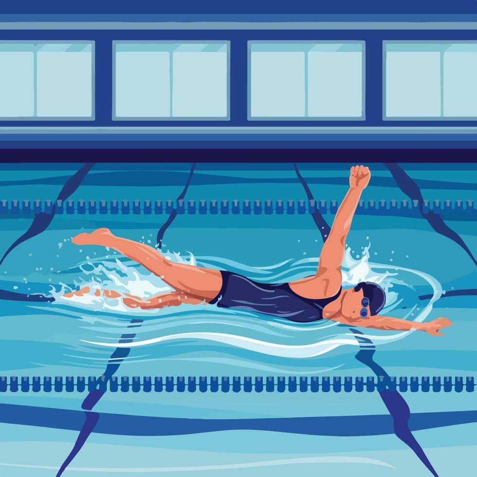 A swimmer in the pool with her hands up vector