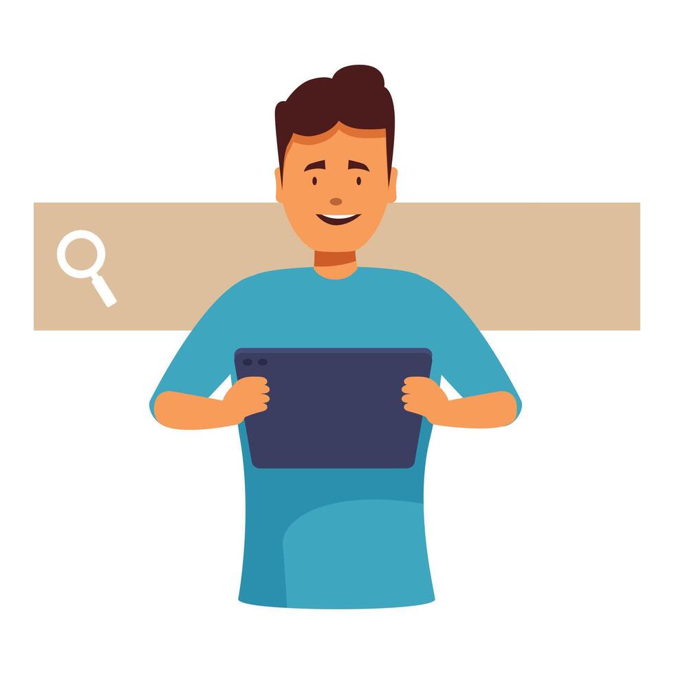 Young man smiling and searching on tablet with search bar above vector