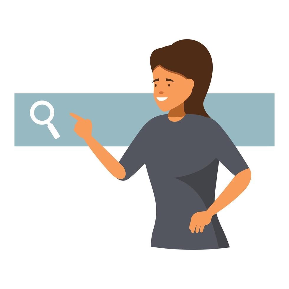 Smiling woman pointing at search bar engaging with online research vector
