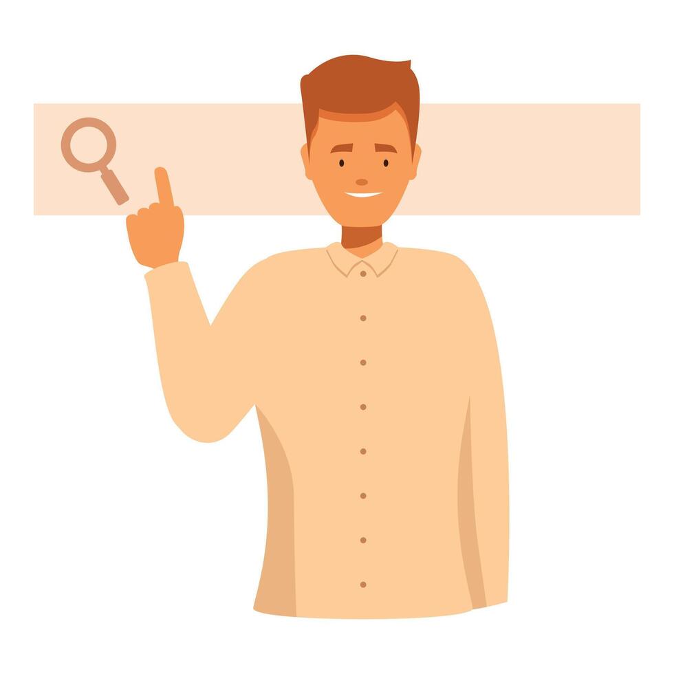 Smiling young man pointing at search bar icon vector