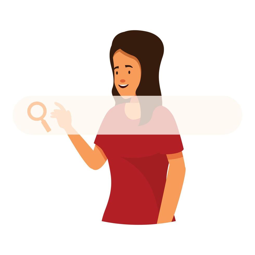 Young woman using search bar with magnifying glass icon, vector