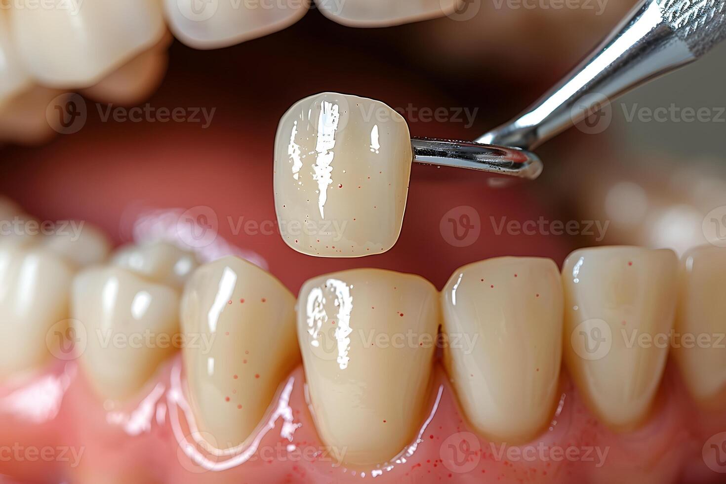 Close-Up of Dental Crown Placement Process - Ideal for Dental Health, Medical Articles, and Educational Materials photo