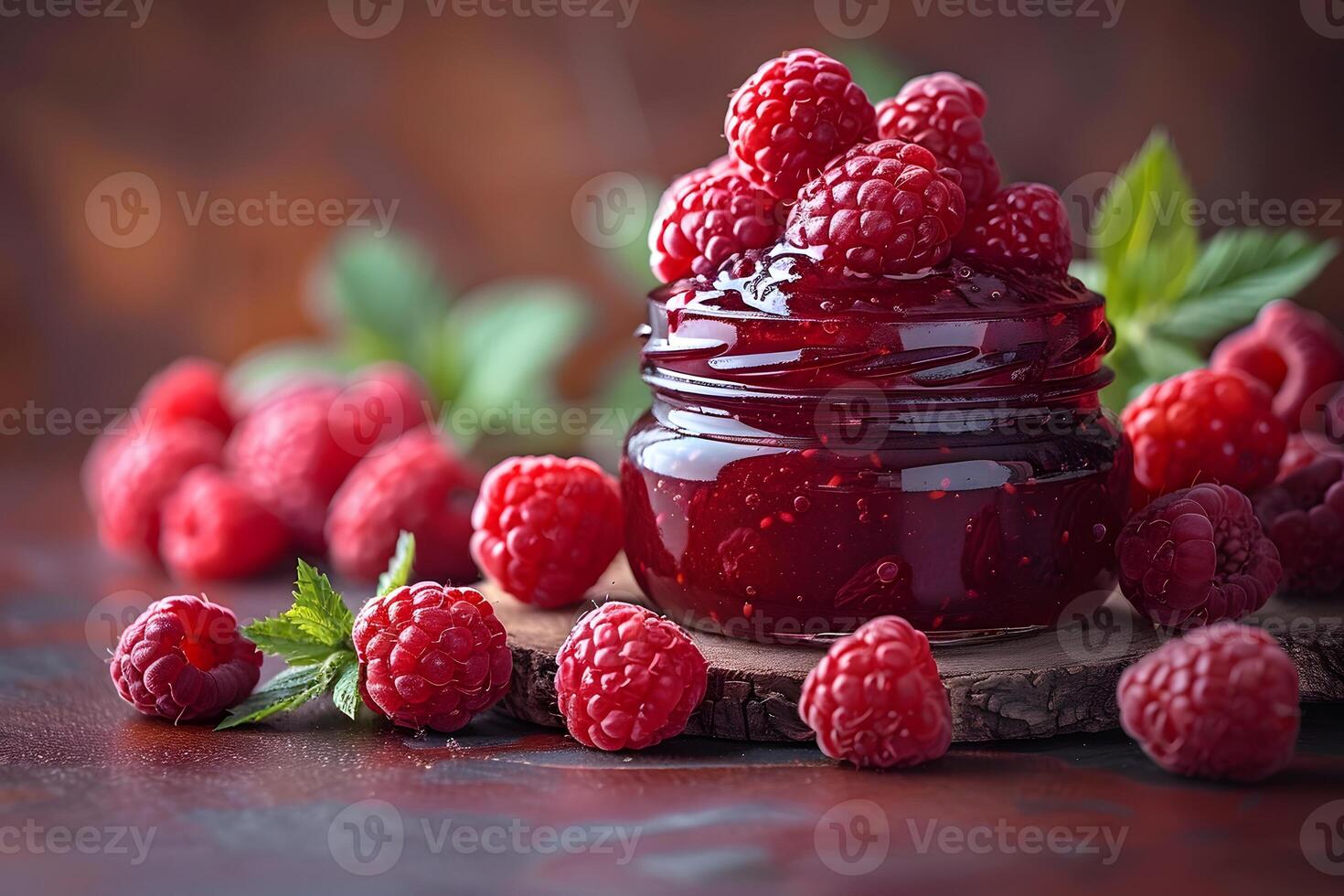 Fresh Raspberry Jam in Glass Jar with Ripe Raspberries on Rustic Wood Perfect for Culinary Projects and Food Blogs photo