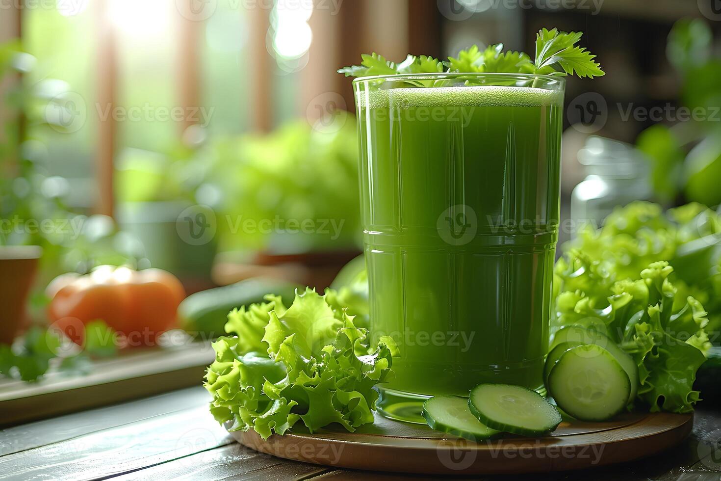 Fresh Green Juice with Cucumbers, Lettuce, and Herbs Healthy Diet and Detox Concept for Natural Health photo