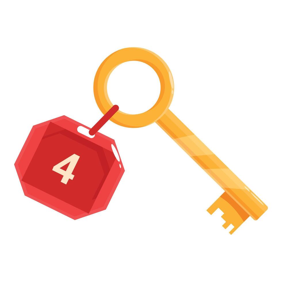 Golden key with red label showing number four is hanging vector