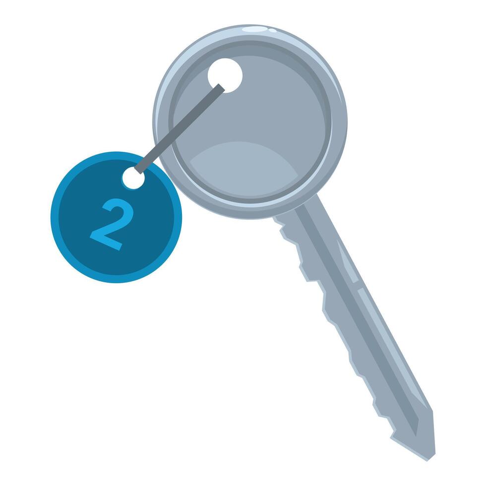 Silver hotel room key with blue number two tag hanging from it vector