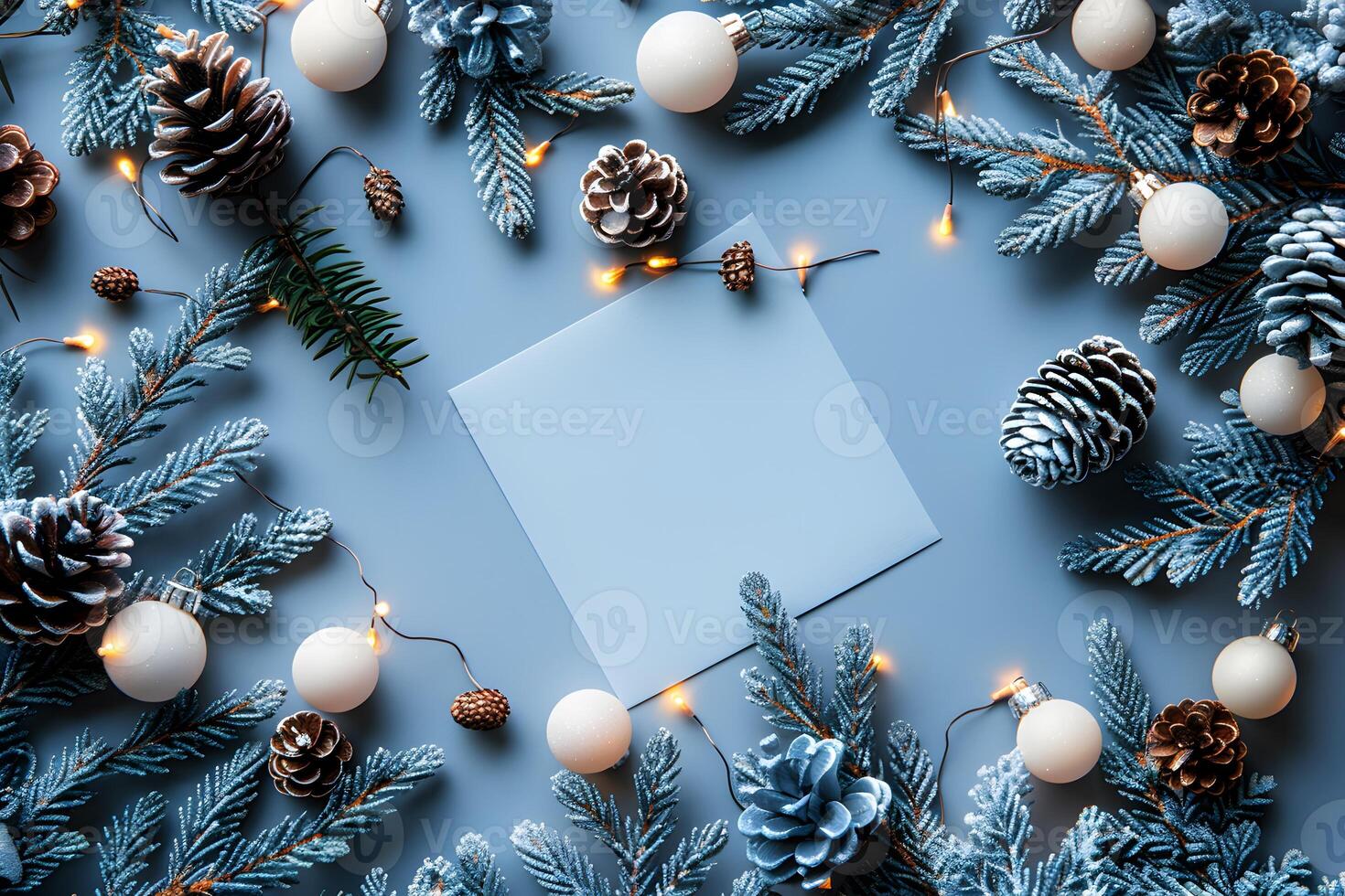 Winter Holiday Background with Snowy Pine Branches, Pinecones, and Lights for Christmas Design photo