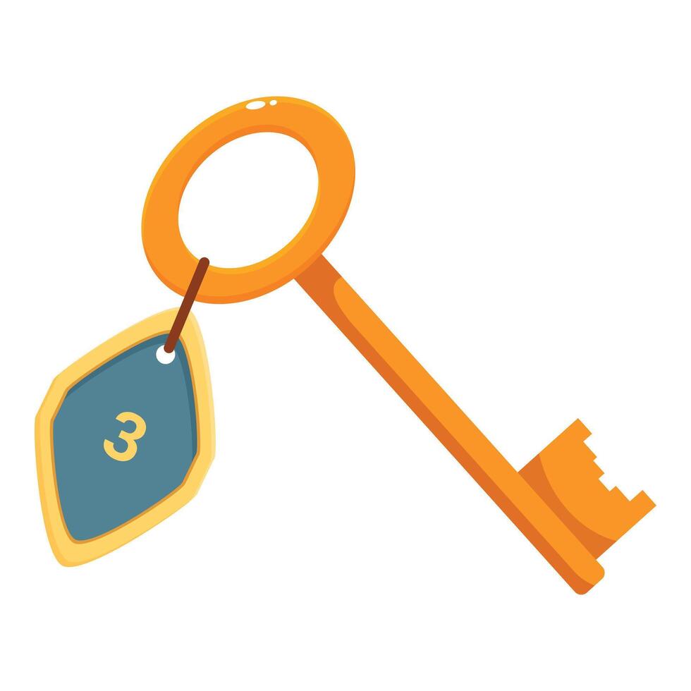 Golden hotel room key number three hanging on white background vector