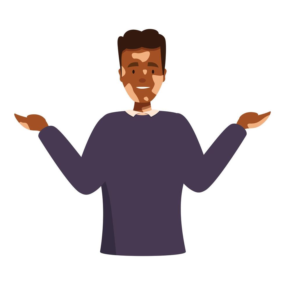 Smiling man with vitiligo skin condition spreading his hands vector