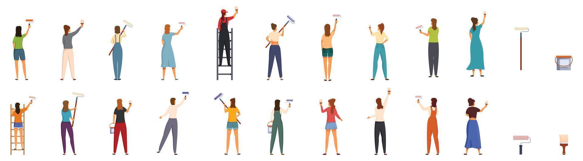 Woman wall painting icons set. Large group of painters painting a wall using paint rollers and brushes seen from behind vector