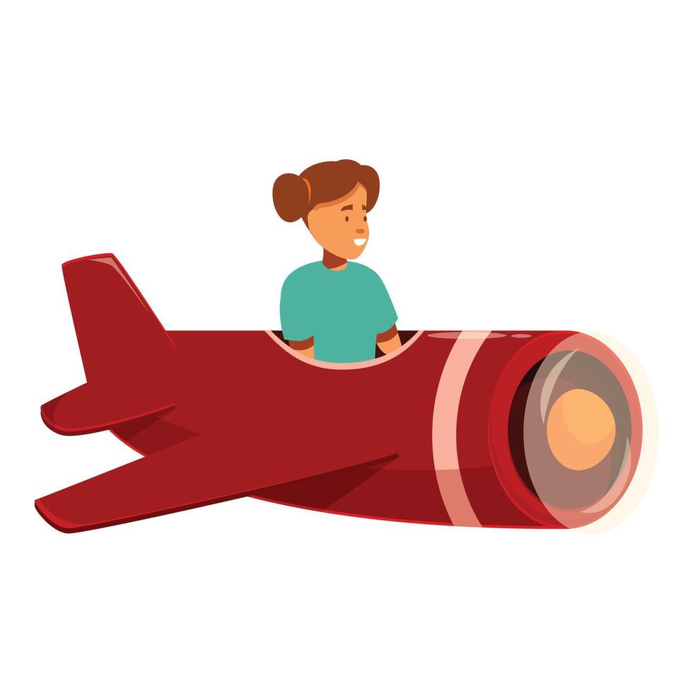 Little girl flying red airplane smiling having fun vector