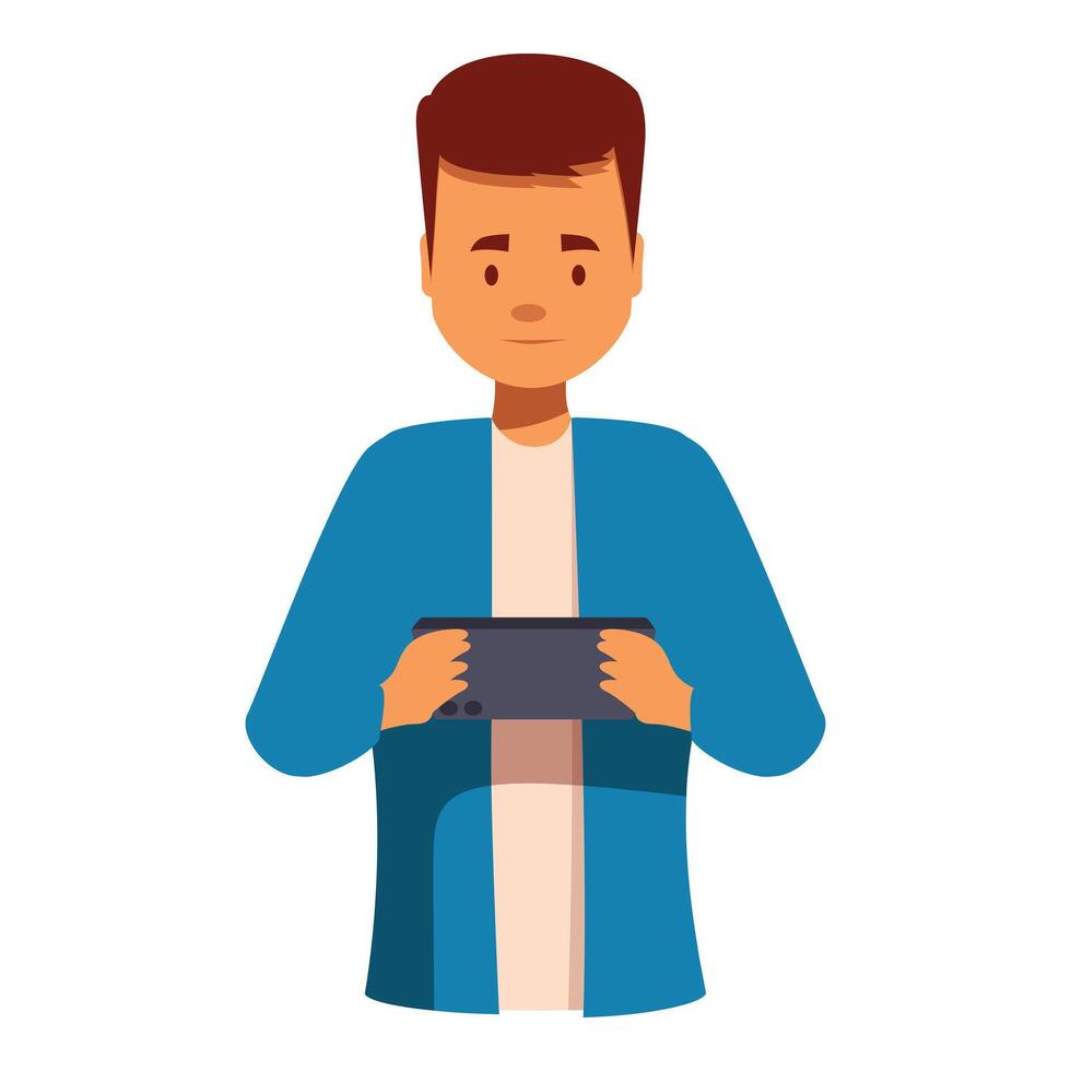 Young man holding smartphone playing mobile game vector