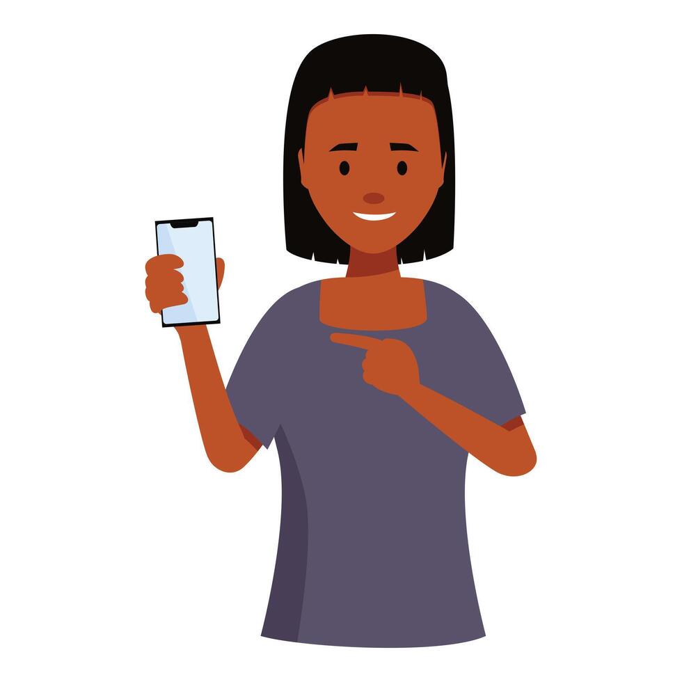 Young woman pointing at smartphone with blank screen vector