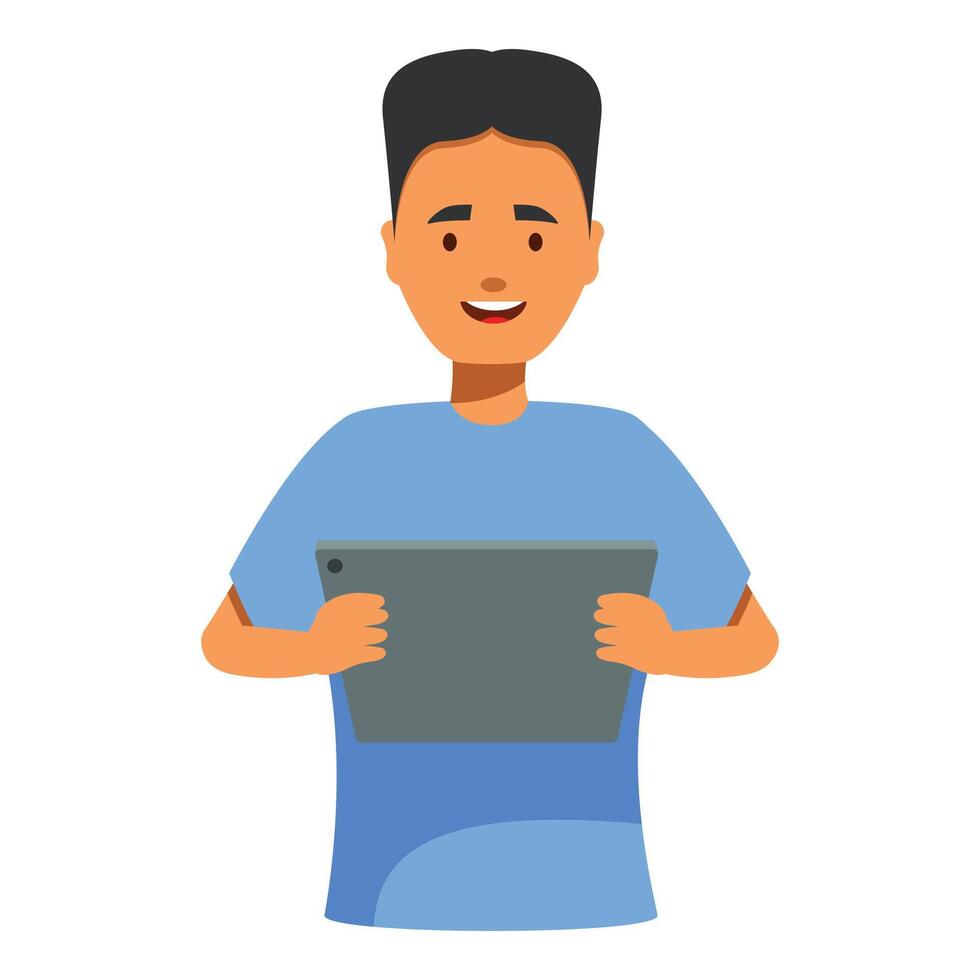 Young man smiling and holding a tablet pc vector
