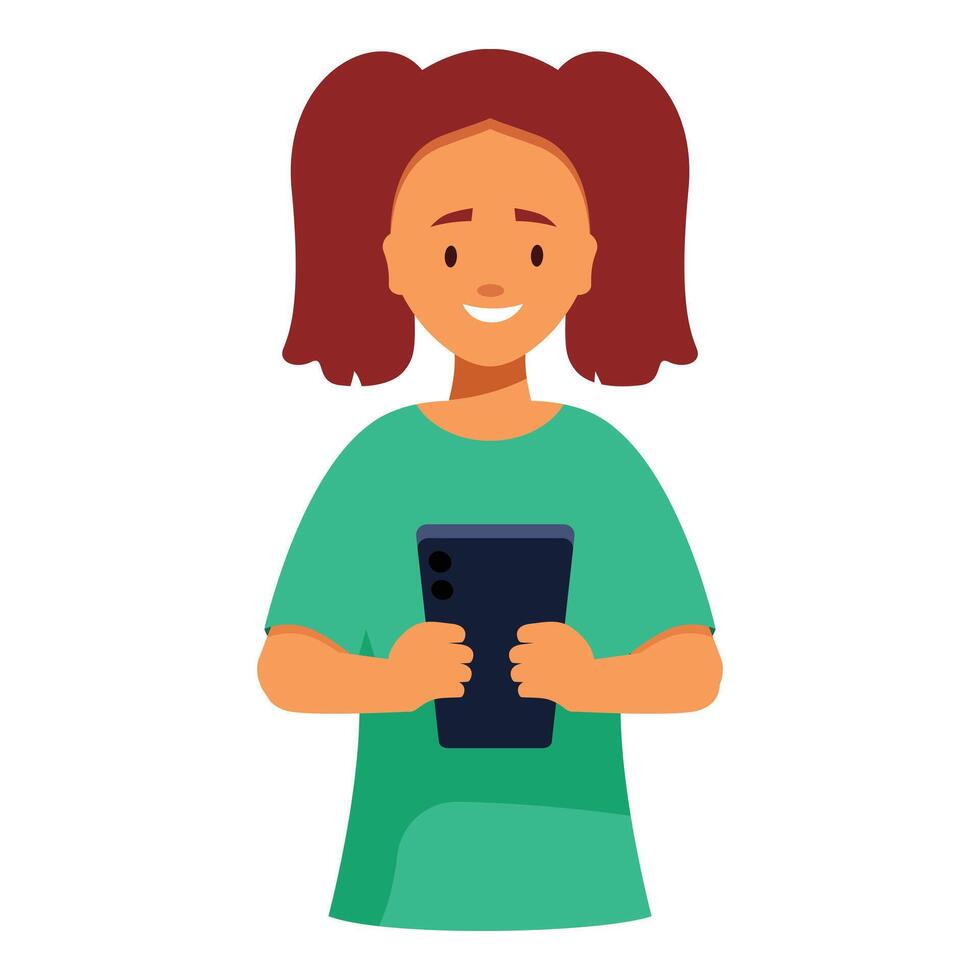 Happy smiling girl holding smartphone using mobile app vector