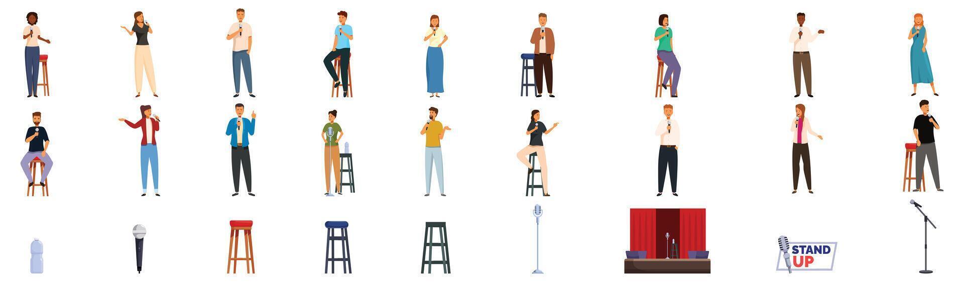Standup comedy show icons set. Stand up comedians performing on stage with microphones telling jokes set vector