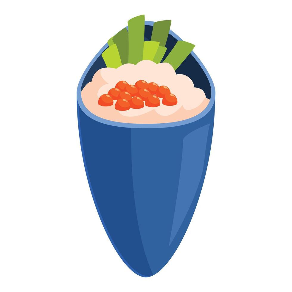 Blue bowl presenting delicious gunkan maki topped with red caviar and spring onions vector
