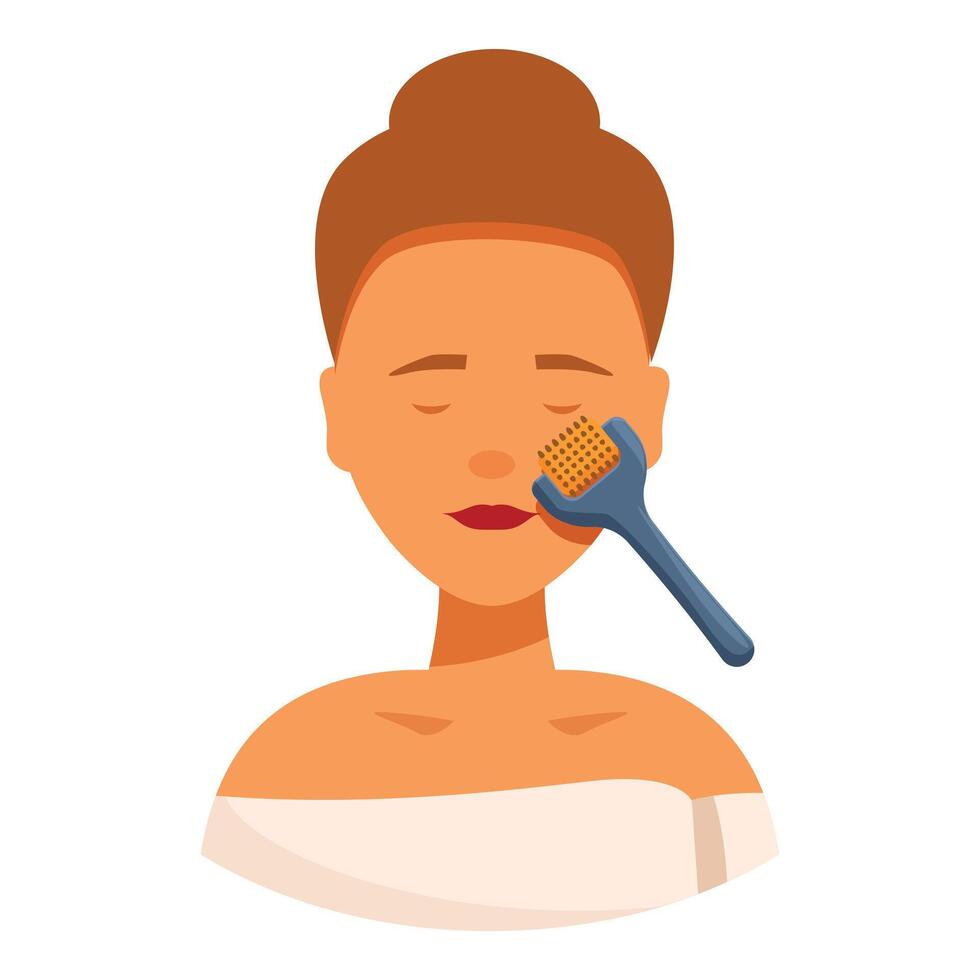 Woman using derma roller for facial skincare routine vector