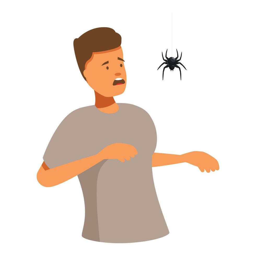 Young man feeling arachnophobia looking at spider hanging on its web vector