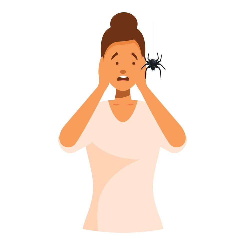 Young woman suffering from arachnophobia covering her ears in fear of spider vector
