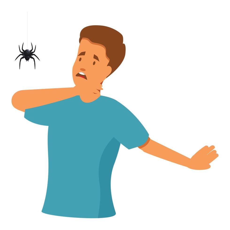 Young man feeling disgusted by a spider hanging from the ceiling vector