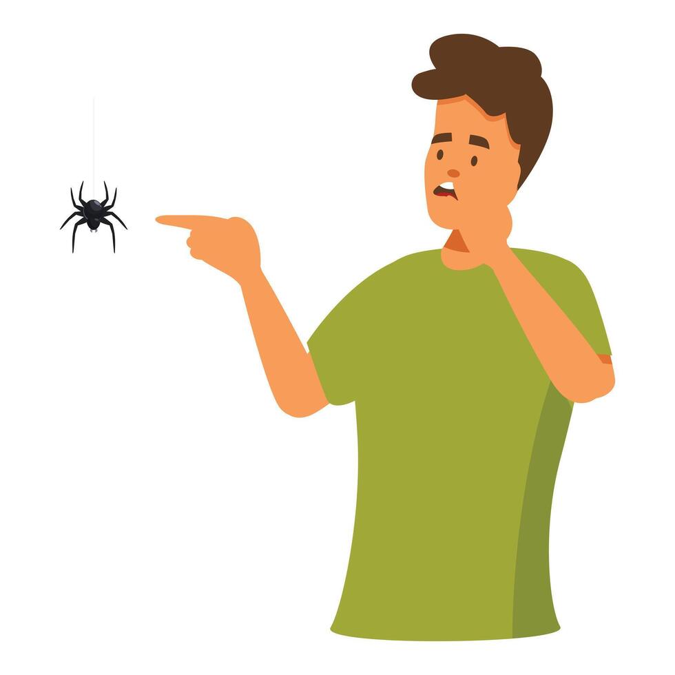 Scared man pointing at spider hanging from ceiling vector