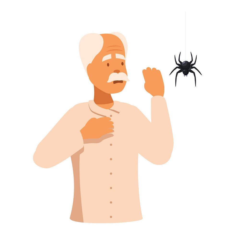 Senior man feeling disgusted by a spider hanging from the ceiling vector