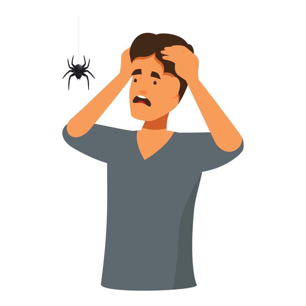 Terrified man suffering from arachnophobia looking at spider hanging on web vector
