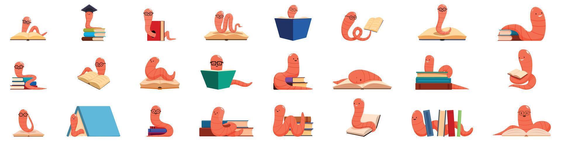 Bookworm icons set. Bookworm character set, cute worm reading books and gaining knowledge in different poses and situations vector