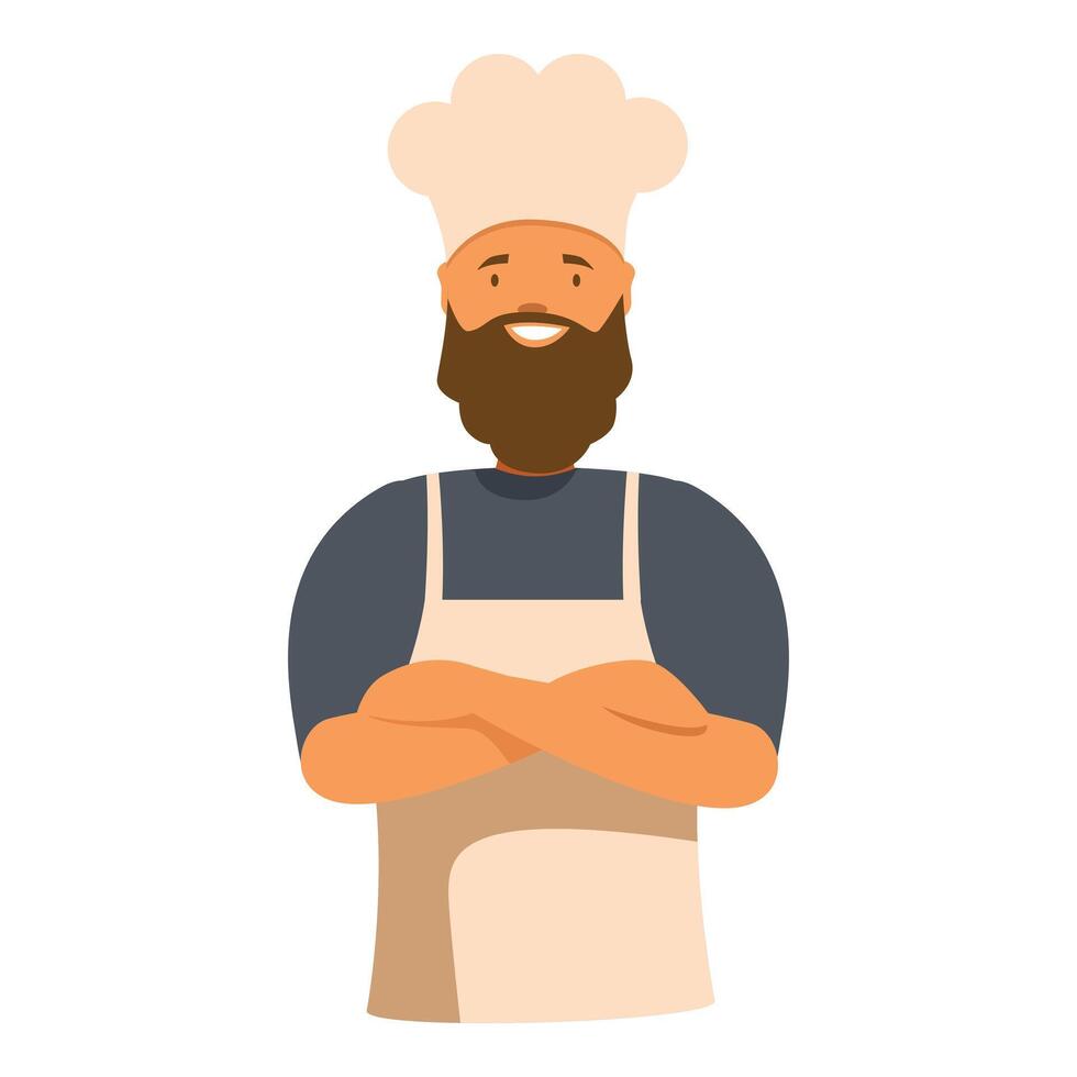 Bearded chef smiling with arms crossed wearing apron and hat vector