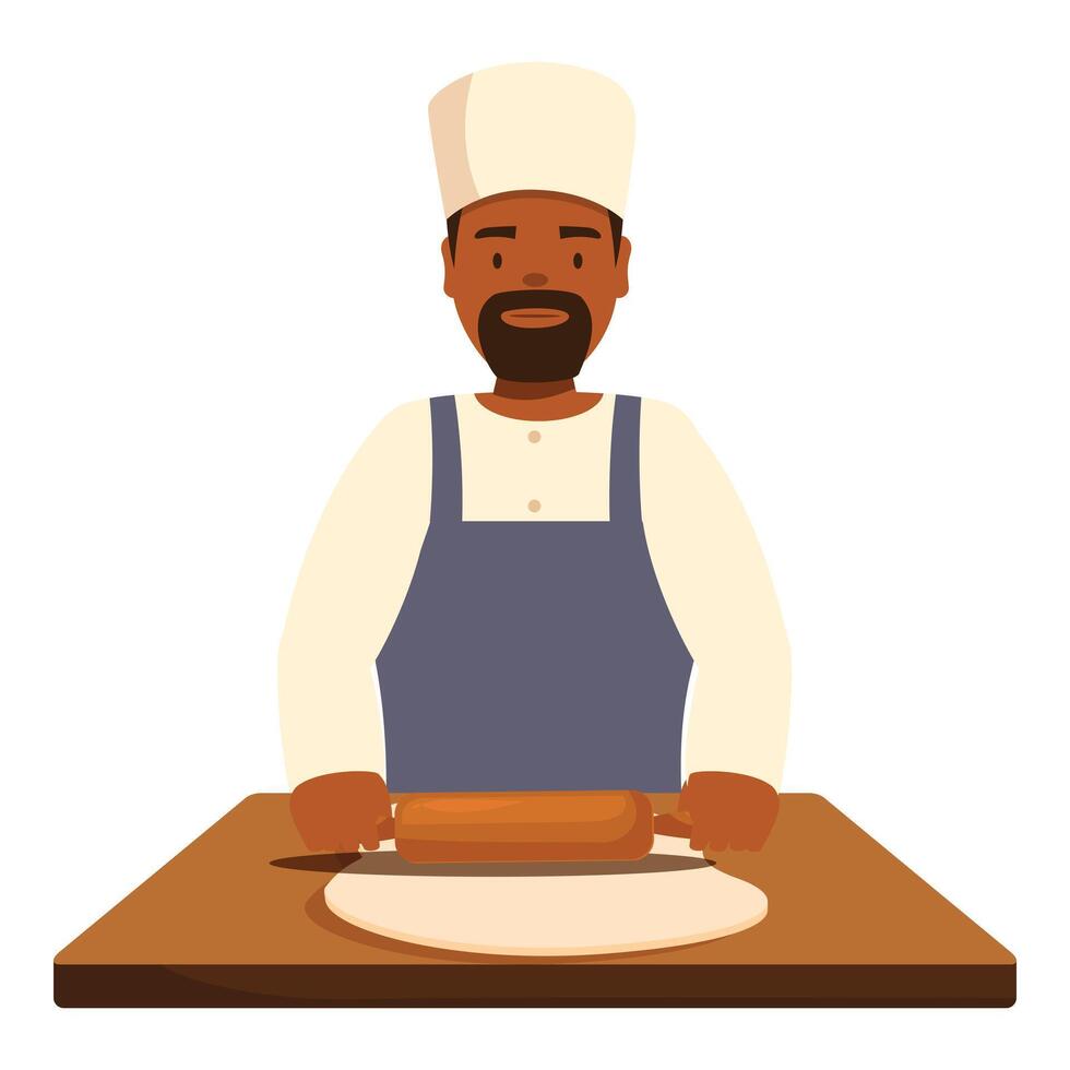 Baker kneading dough with rolling pin on table vector