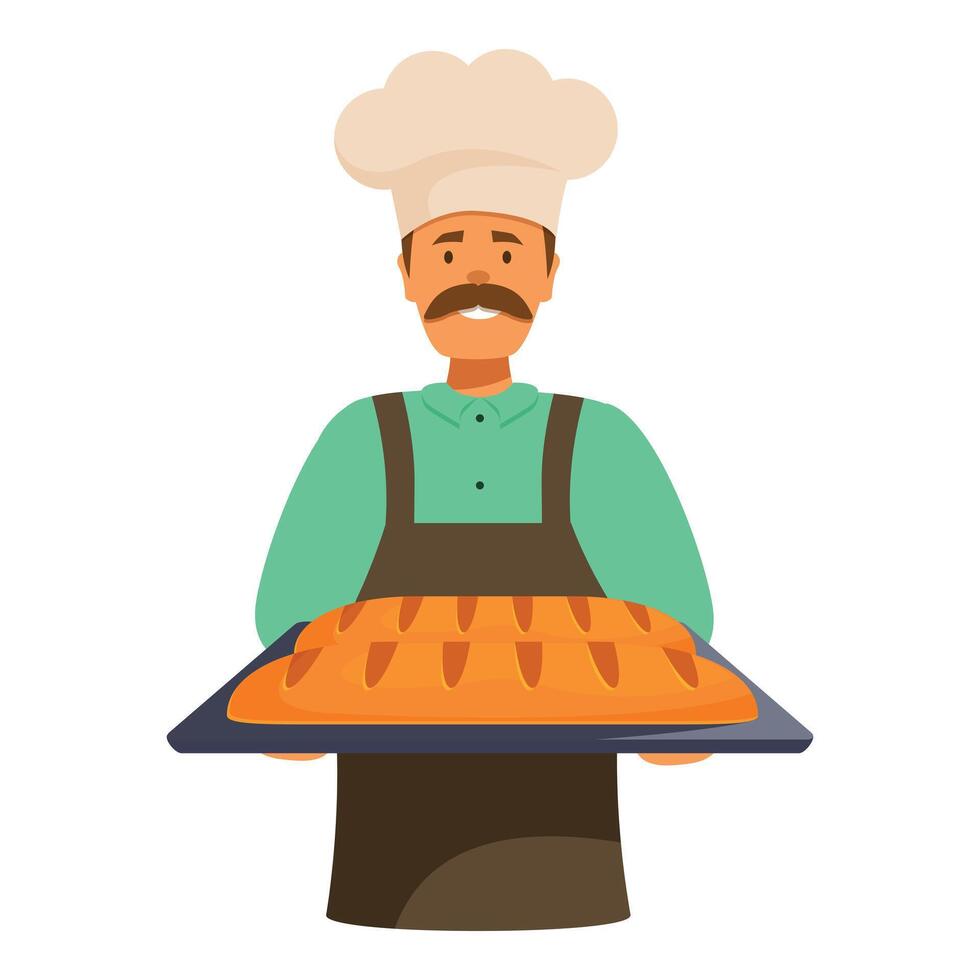 Smiling baker holding a tray of fresh baked bread vector