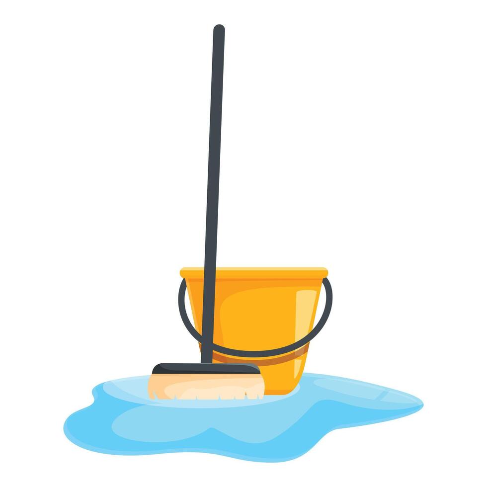Cleaning supplies with bucket mop and water puddle vector