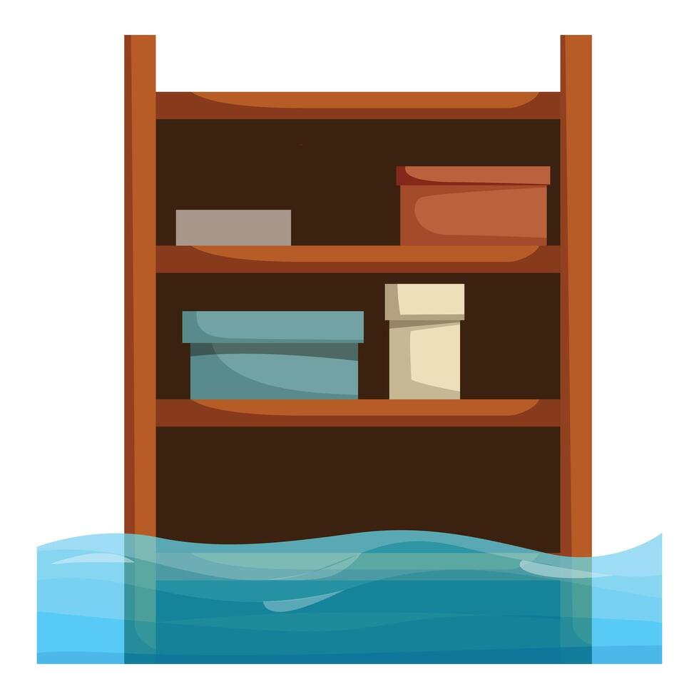 Wooden shelf with boxes is flooding by ocean water vector
