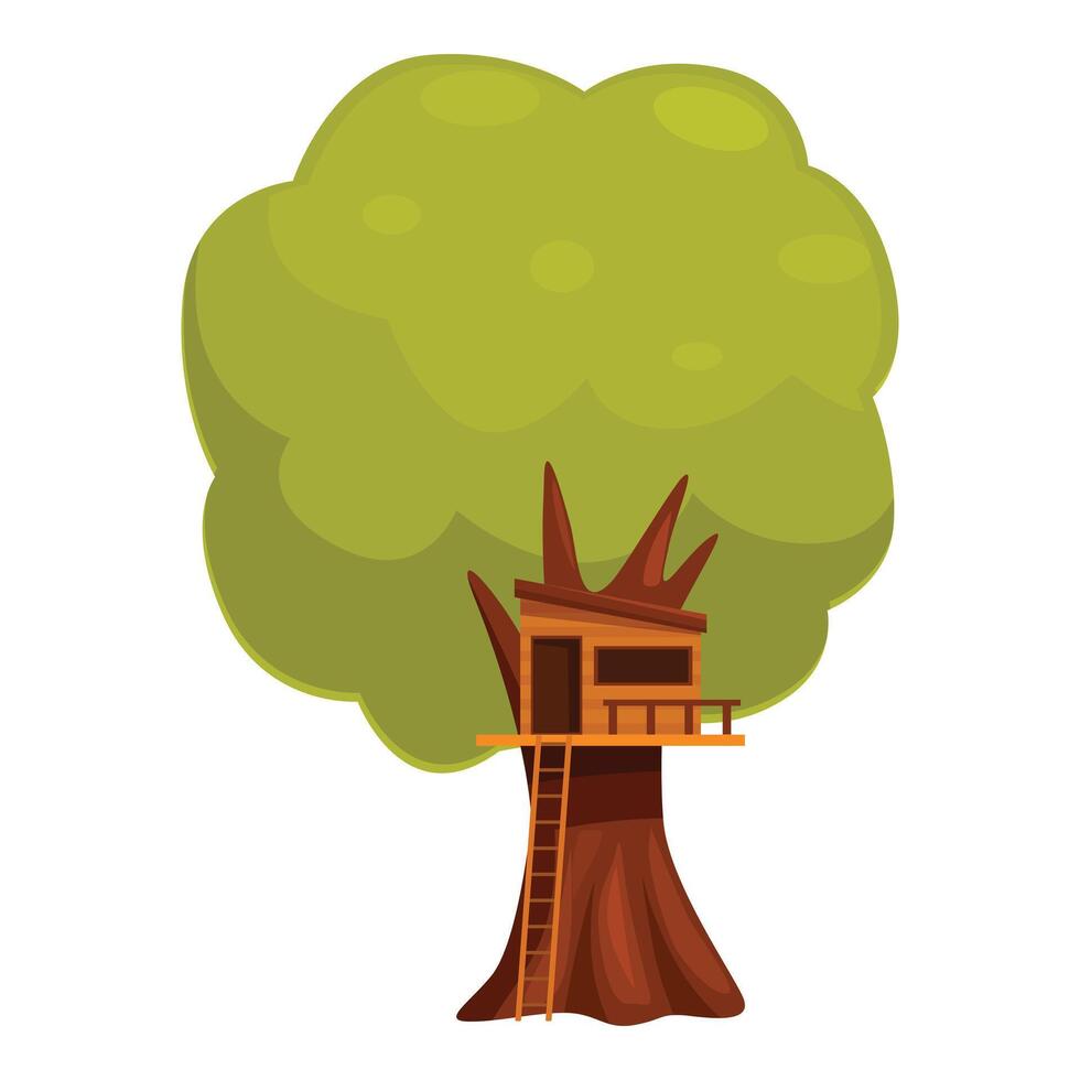 Wooden tree house standing high on tree trunk with lush green crown above illustrating children play concept vector