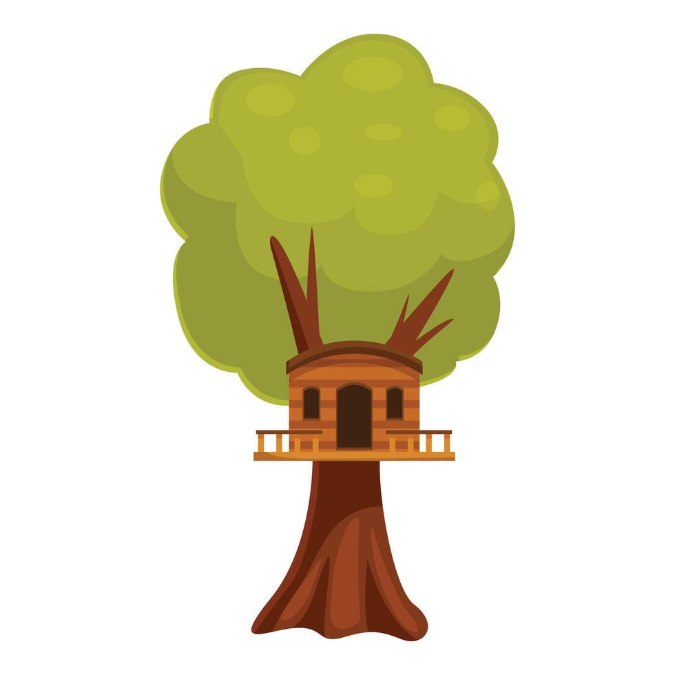 Wooden tree house standing on lush tree trunk with green foliage above it vector