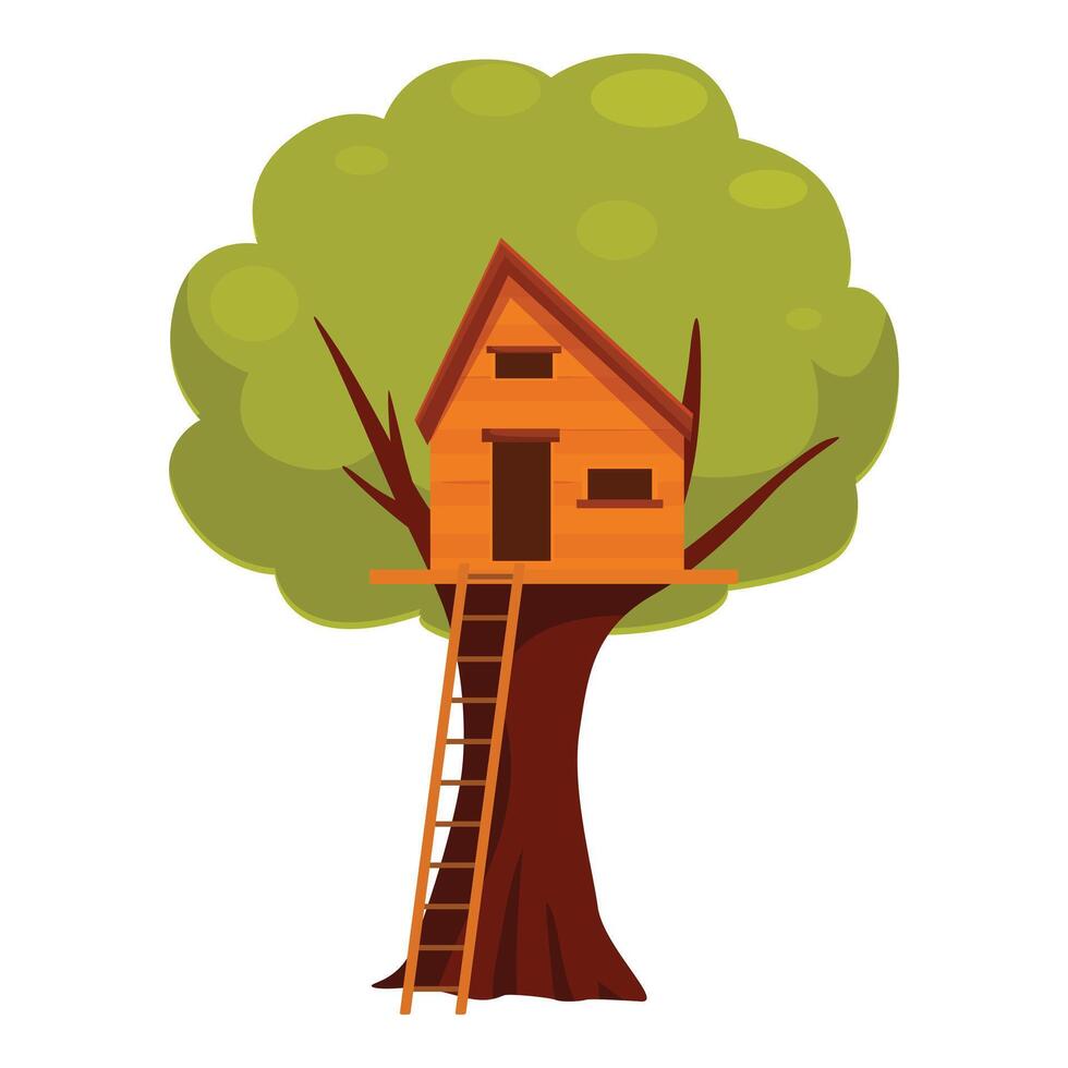Wooden tree house with ladder standing on green tree trunk vector