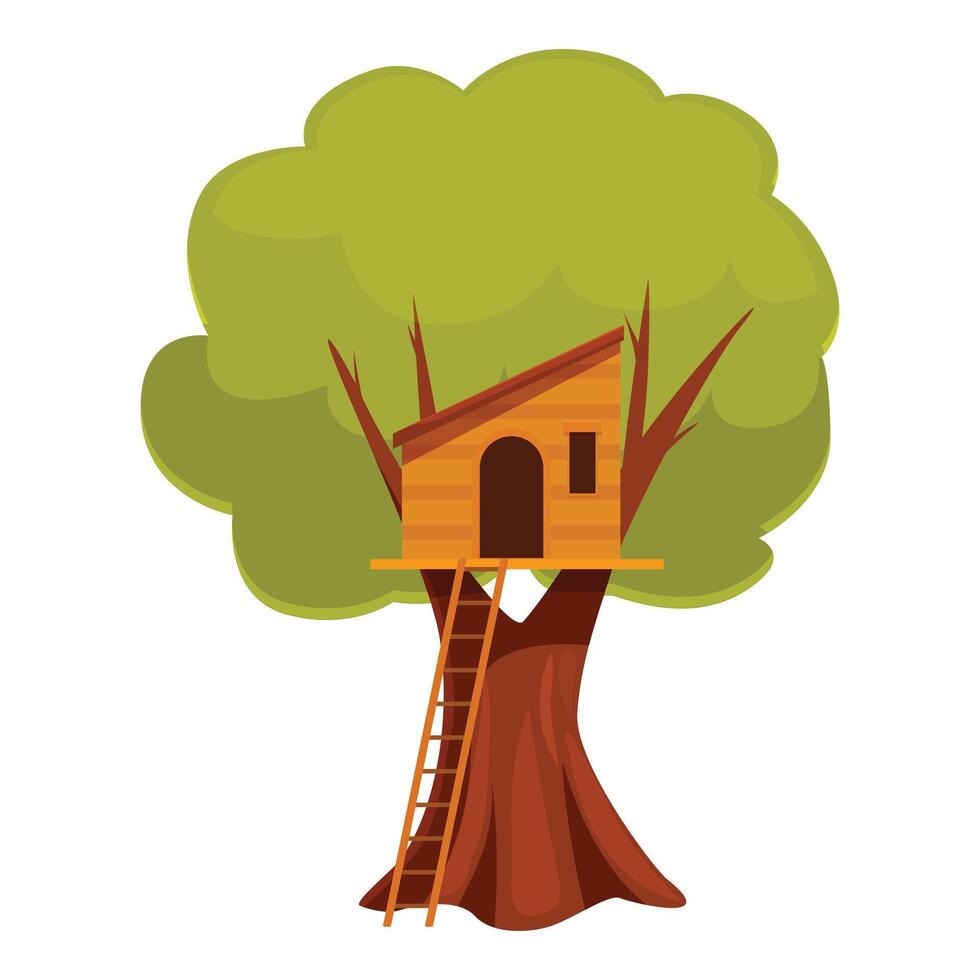 Wooden tree house with ladder standing on green tree branches vector