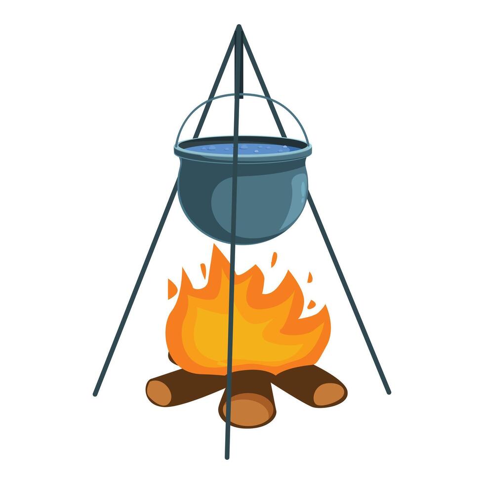 Cooking pot hanging over campfire on tripod burning with bright flames vector