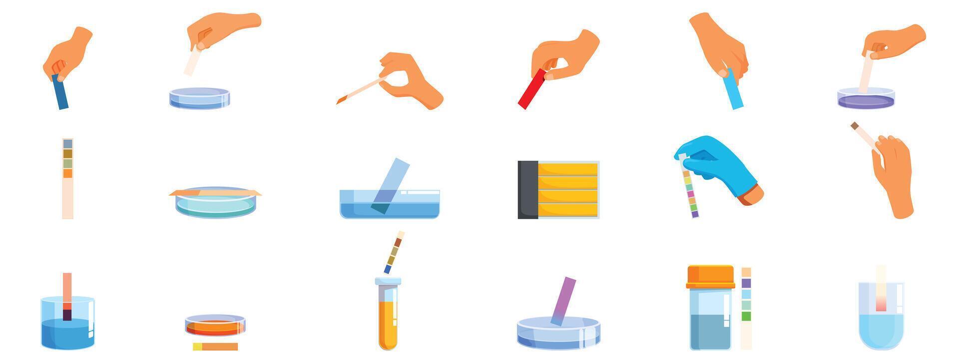 Test paper strips icons set. Scientists using litmus papers for measuring ph in a science laboratory vector