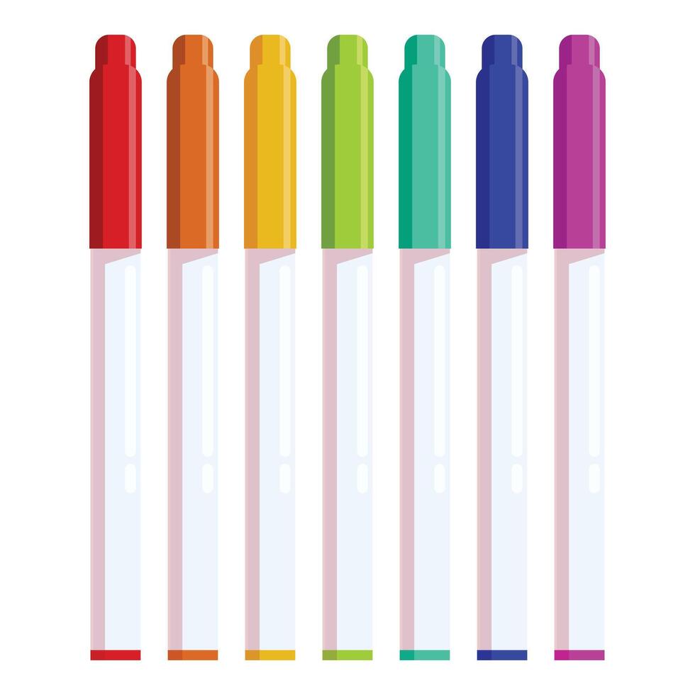 Seven colored markers standing upright in a row vector