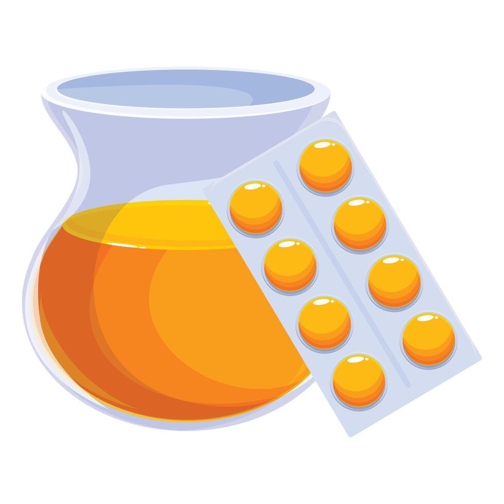 Round flask with orange chemical liquid and pills blister pack for medical or chemical lab research vector